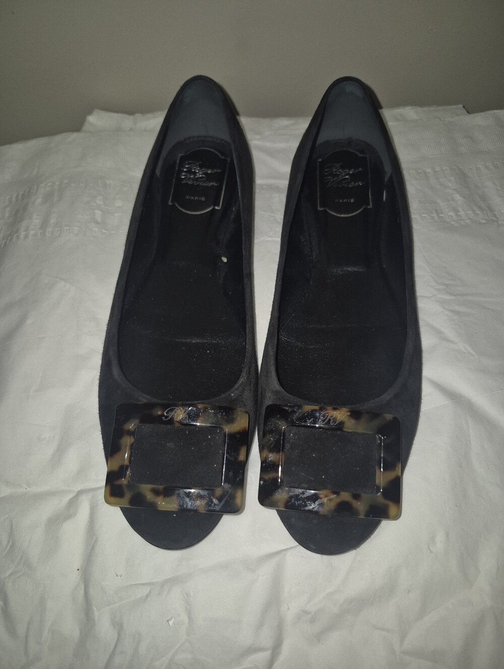 Roger Vivier Black Suede Flats with Tortoiseshell Buckle Size 38.5/ US 8.5
